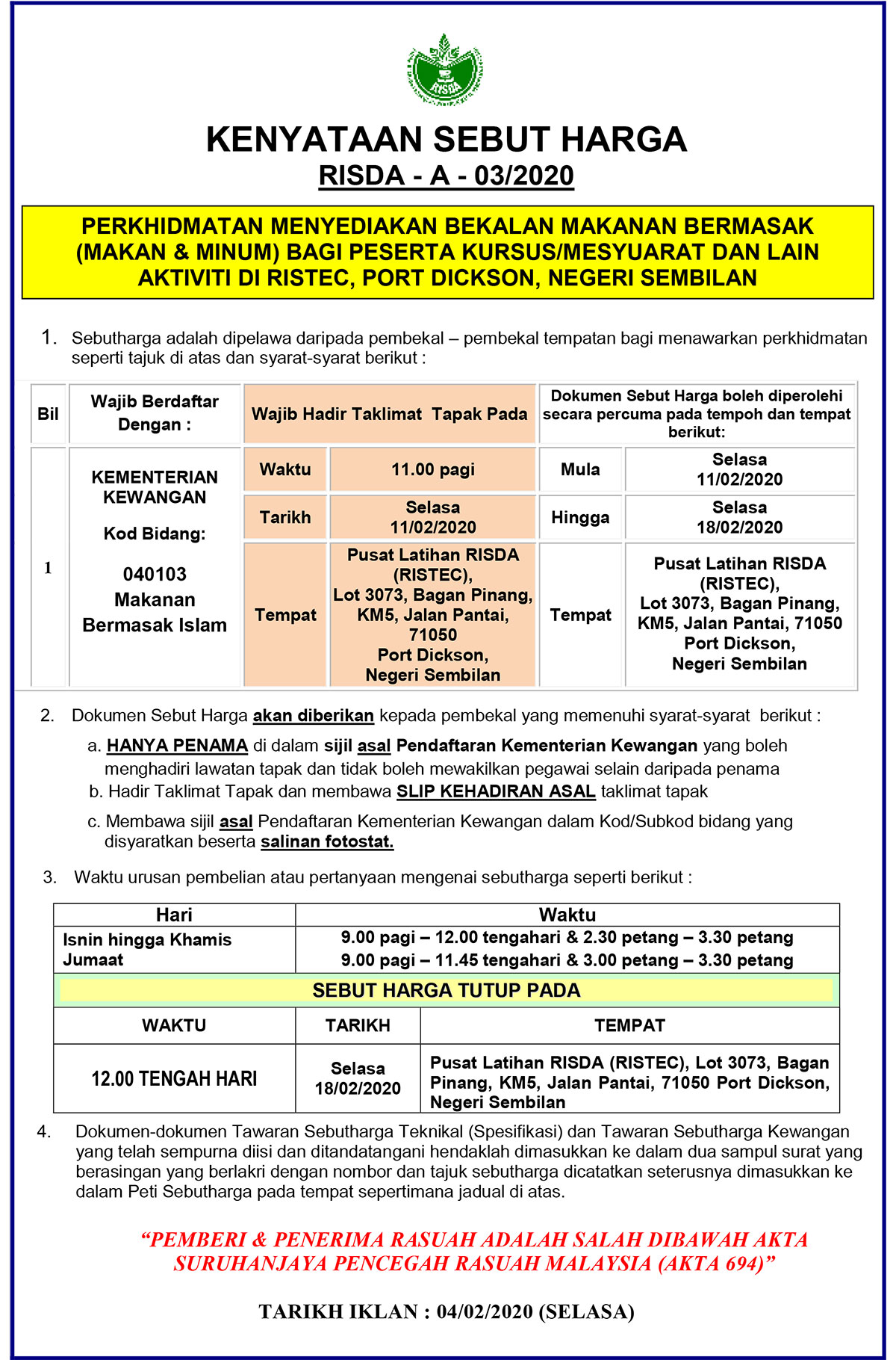 Tender Sebutharga Risda Holdings Sdn Bhd Rhsb